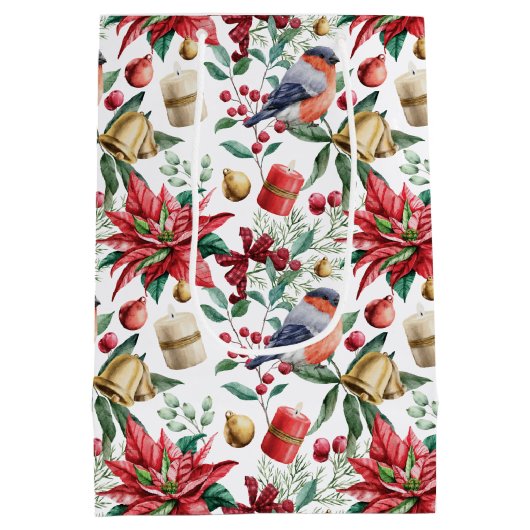 レッドロビンとポインセチアのクリスマスシンボル ミディアムペーパーバッグ (裏面)