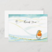 レッドロビンバード&ウィンターランドスケープイラストレーション サンキューカード (正面/裏面)