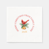 レッドロビン&金ゴールドクリスマスベルオンホワイト&グリーン スタンダードカクテルナプキン (正面)