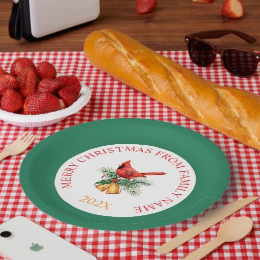 レッドロビン&金ゴールドクリスマスベルオンホワイト&グリーン ペーパープレート (ピクニック)