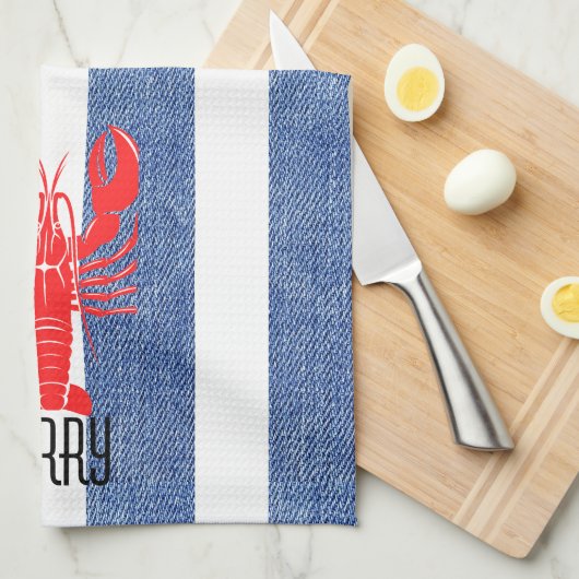 レッドロブスターオンブルーホワイトデニムストライプズ キッチンタオル (四つ折り)