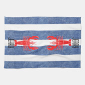 レッドロブスターオンブルーホワイトデニムストライプズ キッチンタオル (横)