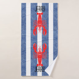 レッドロブスターオンブルーホワイトデニムストライプズ バスタオル