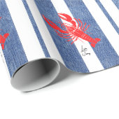 レッドロブスターオンブルー&ホワイトデニムストライプズ ラッピングペーパー (ロールコーナー)
