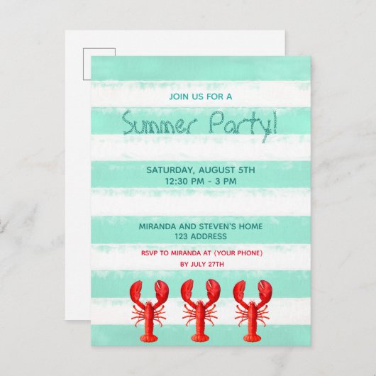 レッドロブスターグリーンホワイトサマーパーティの招待状 ポストカード (正面/裏面)