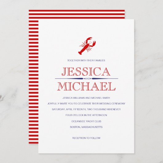 レッドロブスター結婚ズネイビーブルー航海のテーマInvite 招待状 (正面/裏面)