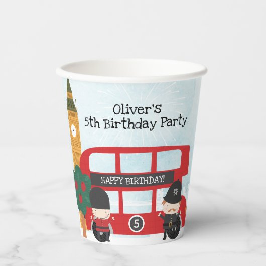 レッドロンドンバスアンドクロックタワー子供の誕生日パーティー 紙コップ (正面)