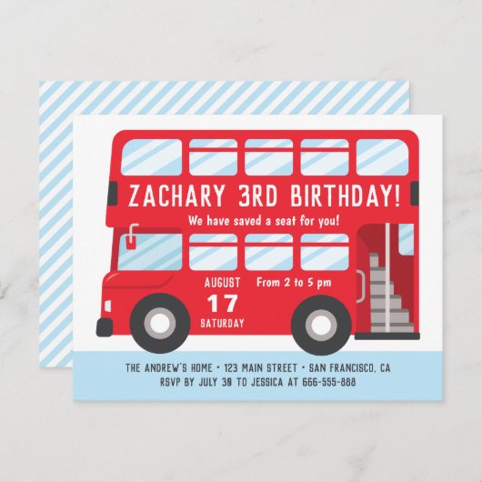 レッドロンドンバス子供の誕生日パーティの招待状 招待状 (正面/裏面)