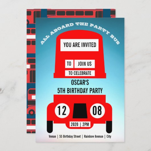 レッドロンドンバス子供の誕生日パーティーの招待状 セーブザデート (正面/裏面)