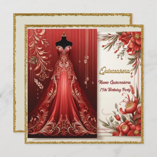 レッドロンフォーマルグドレスキンセニェラ誕生日招待状 招待状 (正面/裏面)