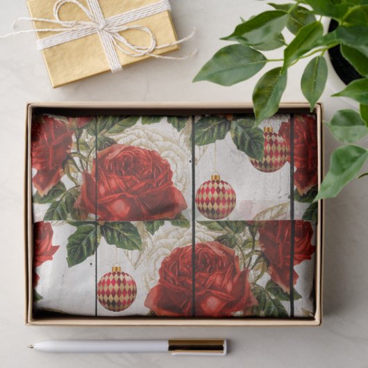 レッドローズとウッドデコページのクリスマスオーナメント 薄葉紙 (ギフト)