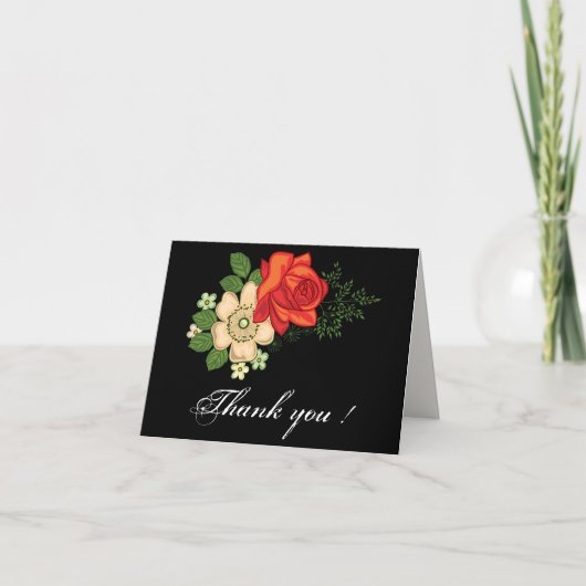 レッドローズとデイジーサンキューカードブラック サンキューカード (正面)
