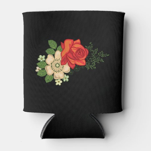 レッドローズとデイジーブラックバックグラウンドクーラーボックス 缶クーラー (正面)