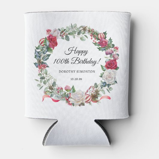 レッドローズとホリー100誕生日 エレガント 缶クーラー (正面)