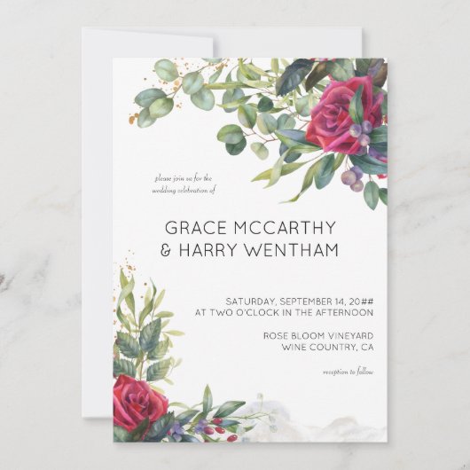 レッドローズとユーカリシンプルプモダン結婚ス 招待状 (正面)