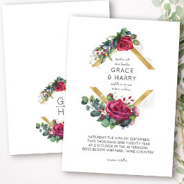 レッドローズとユーカリ金ゴールドダイヤモンドフレ結婚ーム 招待状