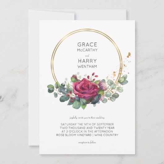 レッドローズとユーカリ金ゴールドフレーム結婚ズ 招待状 (正面)