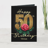 レッドローズと金ゴールドフィリーグリー第50誕生日 カード (正面)
