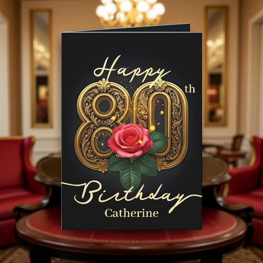 レッドローズと金ゴールドフィリーグリー第80誕生日 カード