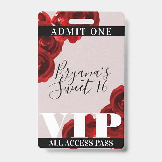レッドローズの田舎風シックなSweet 16 VIPパス バッジ (正面)