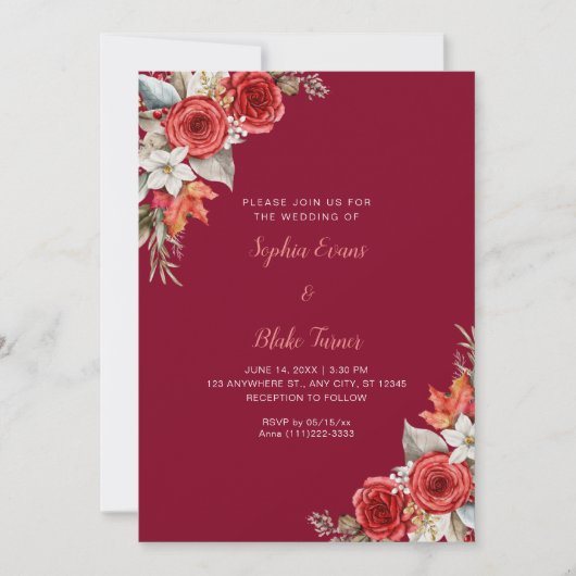 レッドローズの秋のバーガンディー ウェディング 招待状 (正面)
