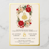 レッドローズアイボリーフラワーズクリームムスリム結婚ズ金ゴールド 箔招待状 (正面)