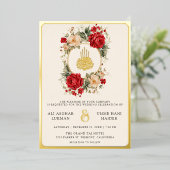 レッドローズアイボリーフラワーズクリームムスリム結婚ズ金ゴールド 箔招待状 (立ち正面)