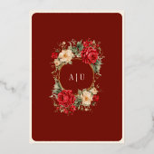 レッドローズアイボリーフラワーズクリームムスリム結婚ズ金ゴールド 箔招待状 (裏面)