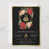 レッドローズアイボリーフラワーズブラック金ゴールドムスリム結婚ズ 招待状 (正面)