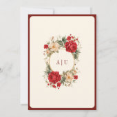 レッドローズアイボリーフラワーズマルーン金ゴールドムスリム結婚ズ 招待状 (裏面)