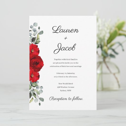 レッドローズアンドユーカリプタス結婚式招待状 招待状 (スタンド正面)