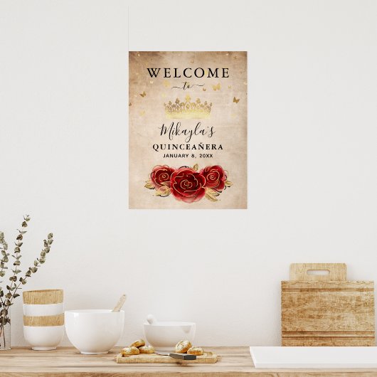 レッドローズアンド金ゴールドエレガントクラウンウェルカムパーティー ポスター (キッチン)