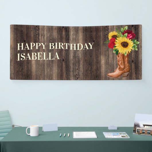 レッドローズイエローサンフラワーズブーツウッド誕生日 横断幕 (トレードショー)