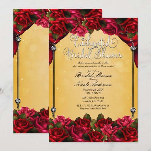 レッドローズイエロー&金ゴールドブライダルシャワー 招待状 (正面/裏面)