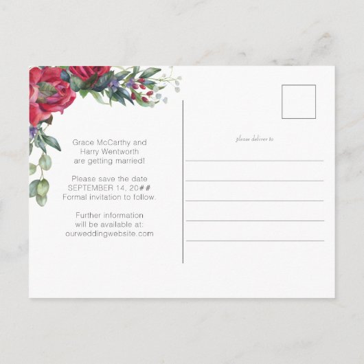 レッドローズウェディング日付を保存 案内ポストカード (裏面)