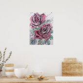 レッドローズウォーターカラーアートバラ自然ガーデンポスター ポスター (キッチン)