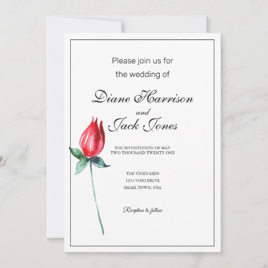 レッドローズウォーターカラーステム結婚式招待状 招待状 (正面)