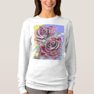 レッドローズウォーターカラーフラワーズフローラ絵画ズ Tシャツ