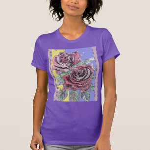レッドローズウォーターカラーフラワーズ絵画フローラズ Tシャツ