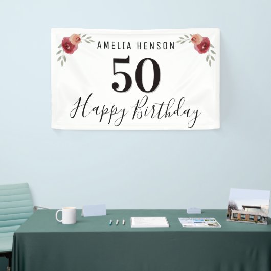 レッドローズウォーターカラーフラワーフローラ50誕生日 横断幕 (トレードショー)