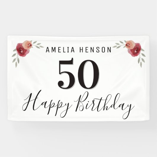 レッドローズウォーターカラーフラワーフローラ50誕生日 横断幕 (横)