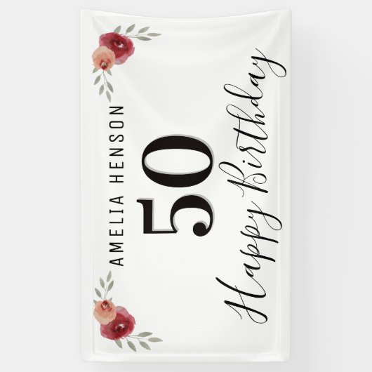 レッドローズウォーターカラーフラワーフローラ50誕生日 横断幕 (縦)