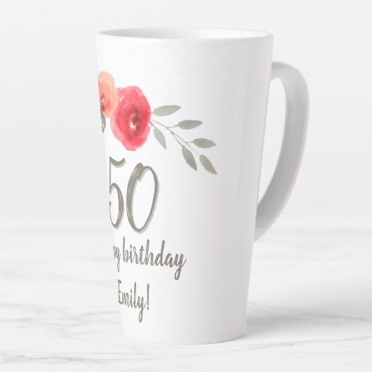 レッドローズウォーターカラーフラワー50誕生日フローラ カフェラテマグ (右アングル)