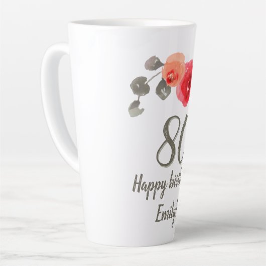 レッドローズウォーターカラーフラワー80誕生日フローラ カフェラテマグ (左アングル)