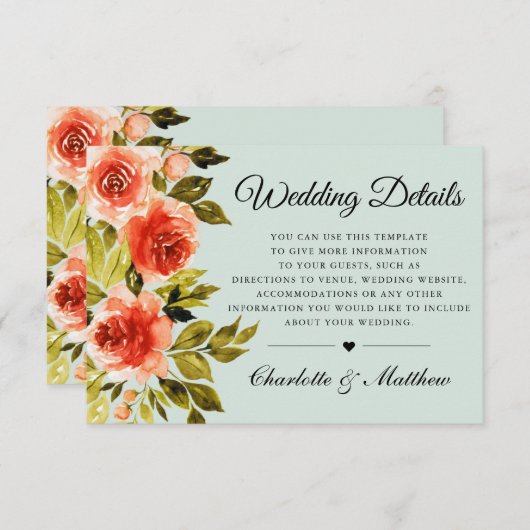 レッドローズウォーターカラーボタニカル結婚詳細 エンクロージャーカード (正面/裏面)