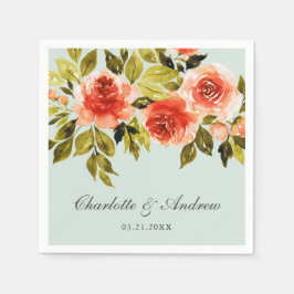 レッドローズウォーターカラーミントグリーン結婚ズ スタンダードカクテルナプキン