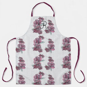 レッドローズウォーターカラー女性イニシャルエプロン エプロン