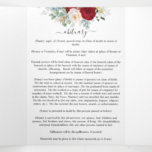 レッドローズウォーターフローラメモリアル葬儀 三つ折りプログラム (内部中)