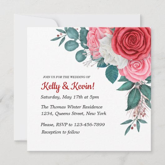 レッドローズウォーター結婚カラー 招待状 (正面)