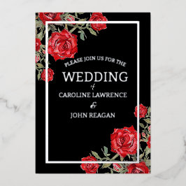 レッドローズウォーター色のフローラ結婚ズ 箔招待状